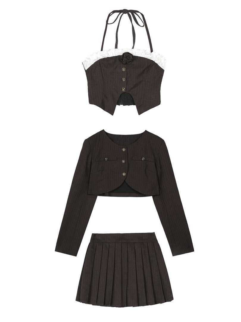Three-piece dark pinstripe outfit set with crop top, long-sleeve jacket, and pleated skirt on white background