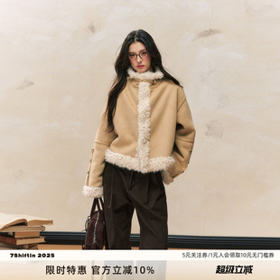 原创设计秋冬新款 7Shiftin 廓形黄色皮毛一体外套加厚夹克上衣女