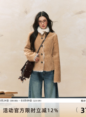 7Shiftin原创设计秋冬新款修身毛绒外衣卡其色保暖皮毛一体外套女