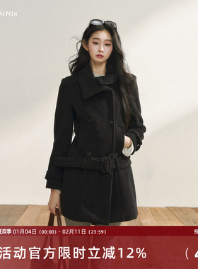 7Shiftin 原创黑色毛呢外套秋冬款双排扣高级可拆卸下摆呢子大衣