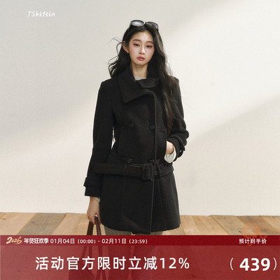 7Shiftin 原创黑色毛呢外套秋冬款双排扣高级可拆卸下摆呢子大衣