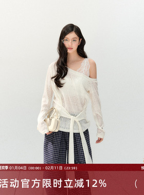 7Shiftin 原创设计新款白色长袖蕾丝罩衫设计感露肩百搭辣妹上衣