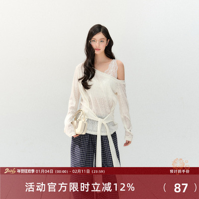 7Shiftin 原创设计新款白色长袖蕾丝罩衫设计感露肩百搭辣妹上衣