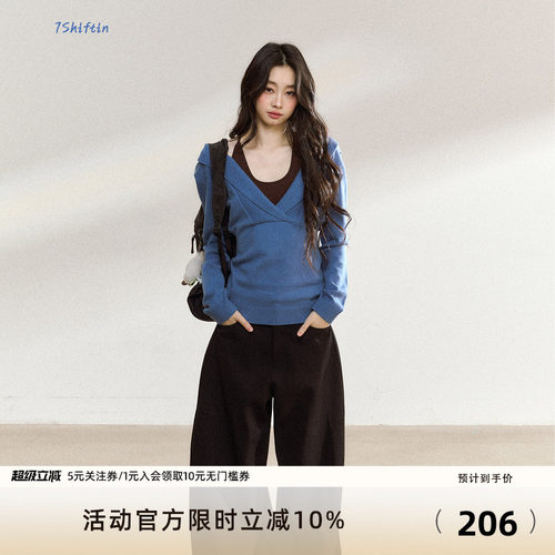 7Shiftin 原创新款设计感美式辣妹蓝色毛衣小众针织打底衫上衣女