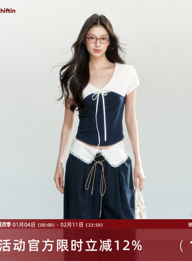 7Shiftin 原创设计夏季新款宽松休闲百搭薄款T恤藏蓝拼接外穿上衣