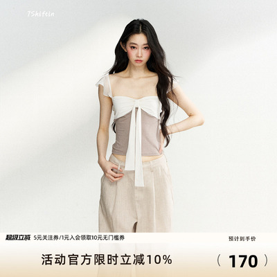 7Shiftin 原创设计夏季新款假两件百搭上衣休闲针织蝴蝶结短袖女