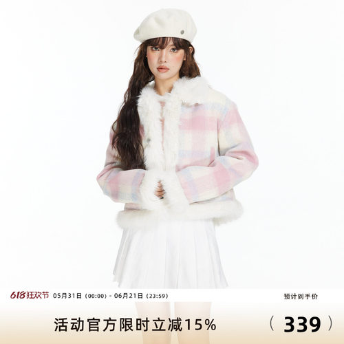 粉色格子学院风毛呢外套