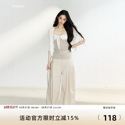 7Shiftin 原创设计双色条纹蝴蝶结抹胸百搭简约开衫休闲宽松套装