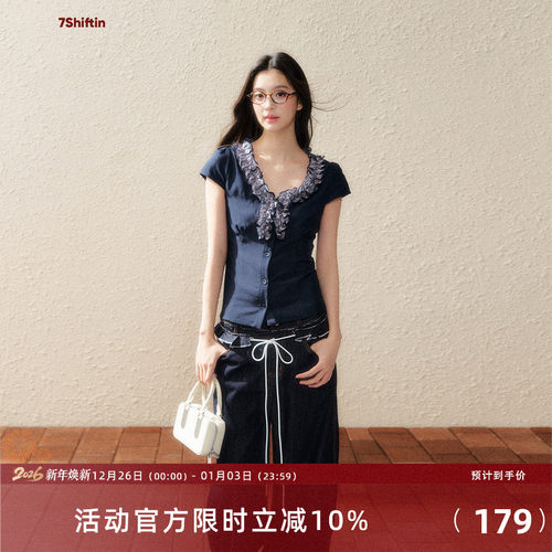 7Shiftin 原创设计藏蓝色蕾丝花边短袖衬衫针织T恤收腰显瘦上衣女