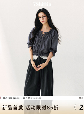 7Shiftin 原创设计格纹泡泡袖休闲上衣收腰系带短袖简约棉质T恤女