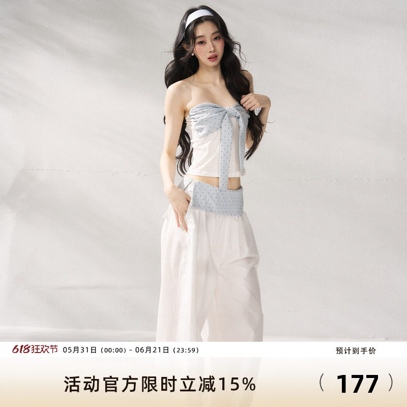 7Shiftin 原创设计少女风波点抹胸可爱蝴蝶结上衣休闲时尚两件套