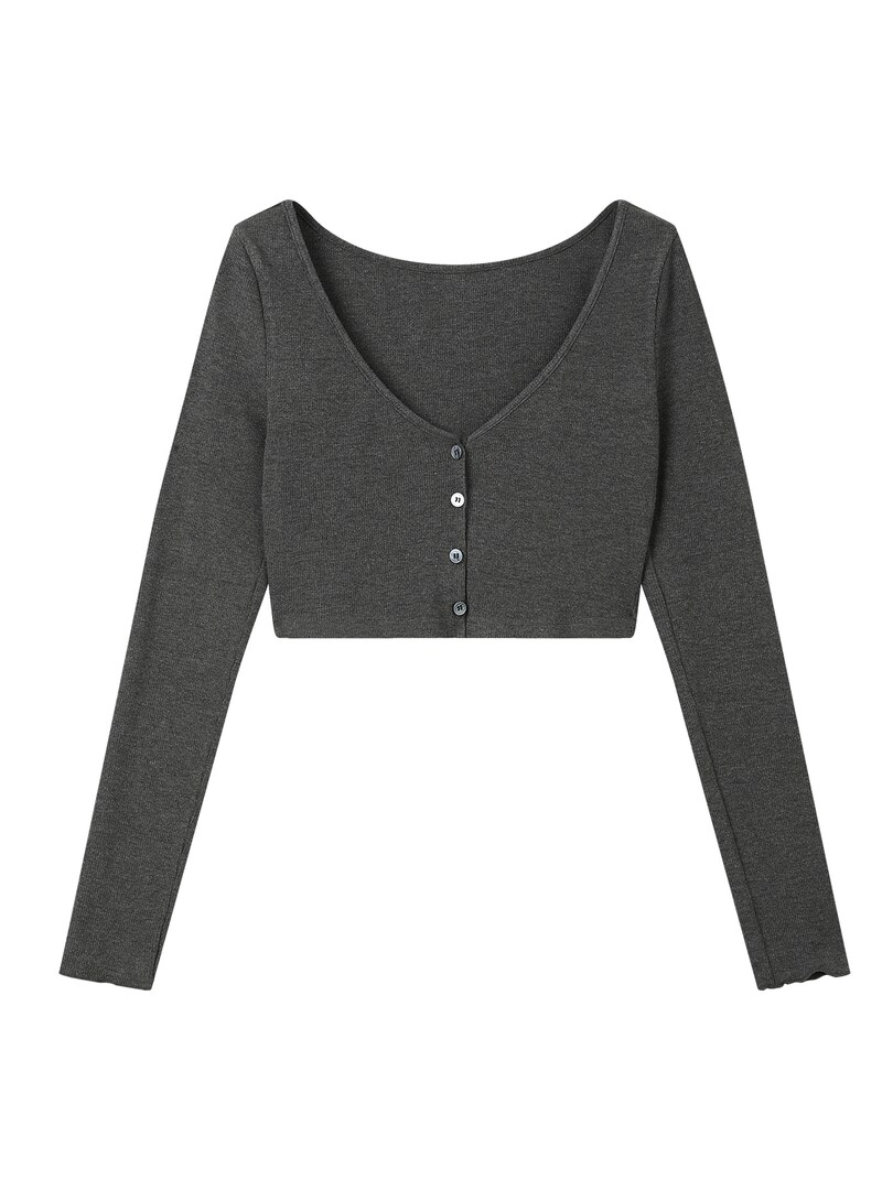 Dark gray cropped long-sleeve button-front knit top on a white background