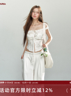 7Shiftin 原创设计夏季新款白色碎花吊带背心百搭短款假两件上衣