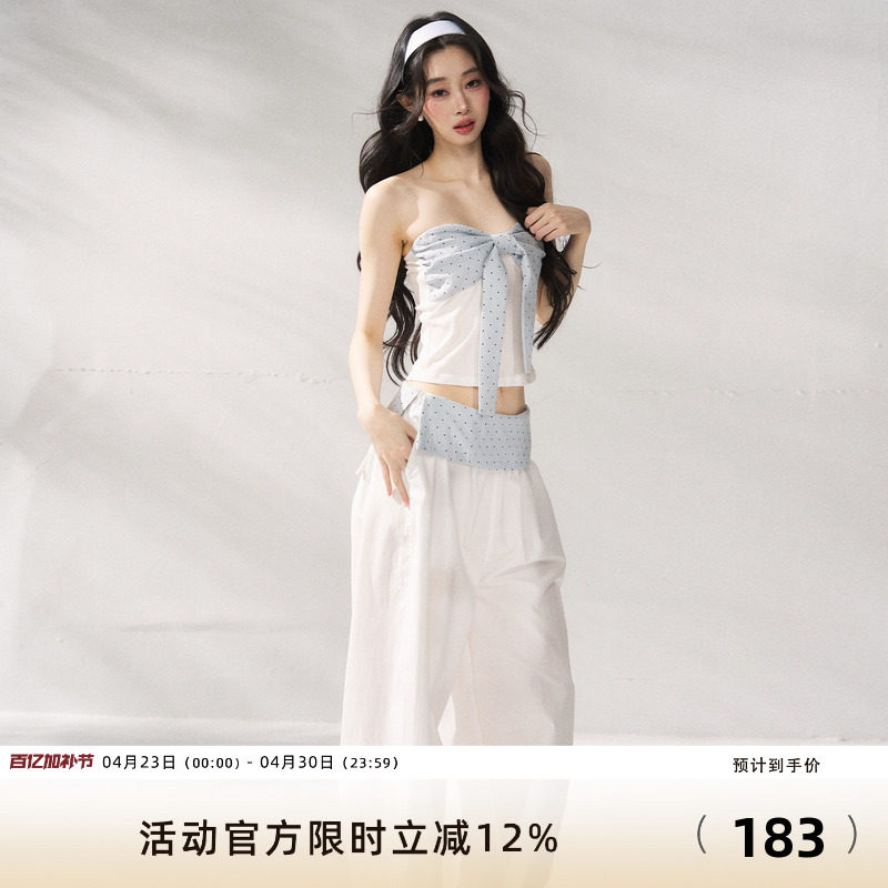 7Shiftin 原创设计少女风波点抹胸可爱蝴蝶结上衣休闲时尚两件套