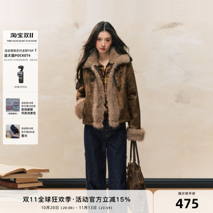 7Shiftin 原创设计秋冬新款美式复古外套棕色修身皮毛拼接外衣女