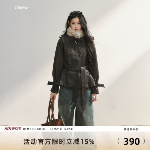 7Shiftin 原创设计深棕色收袖口毛呢皮大衣时尚复古收腰毛领外套