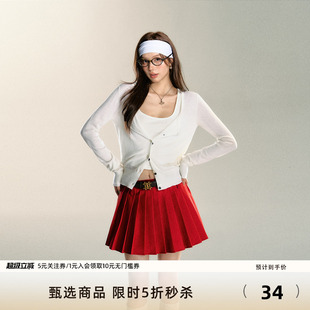 7Shiftin原创设计夏季 甜美修身 开衫 吊带学院风红色百褶短裙女 新款
