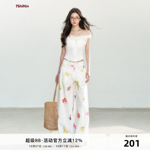 7Shiftin 原创设计夏季新款小众设计白色抽绳休闲裤垂感阔腿裤女