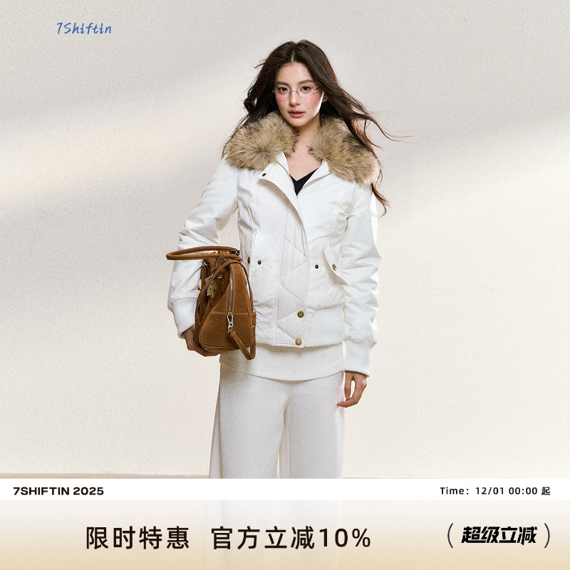 7Shiftin 原创设计秋冬款美式复古毛绒拼接白色棉服短款夹克外套