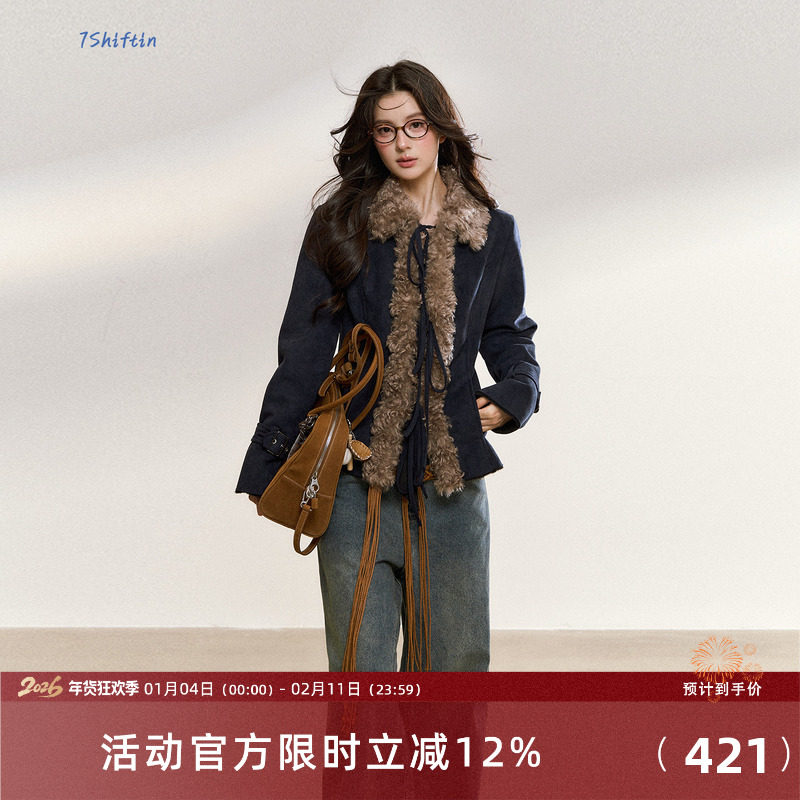 7Shiftin 原创秋冬款辣妹气质高级感修身短外套复古毛领夹克上衣,女装/女士精品,短外套,淘宝优惠券,粉丝福利购,淘宝优惠卷