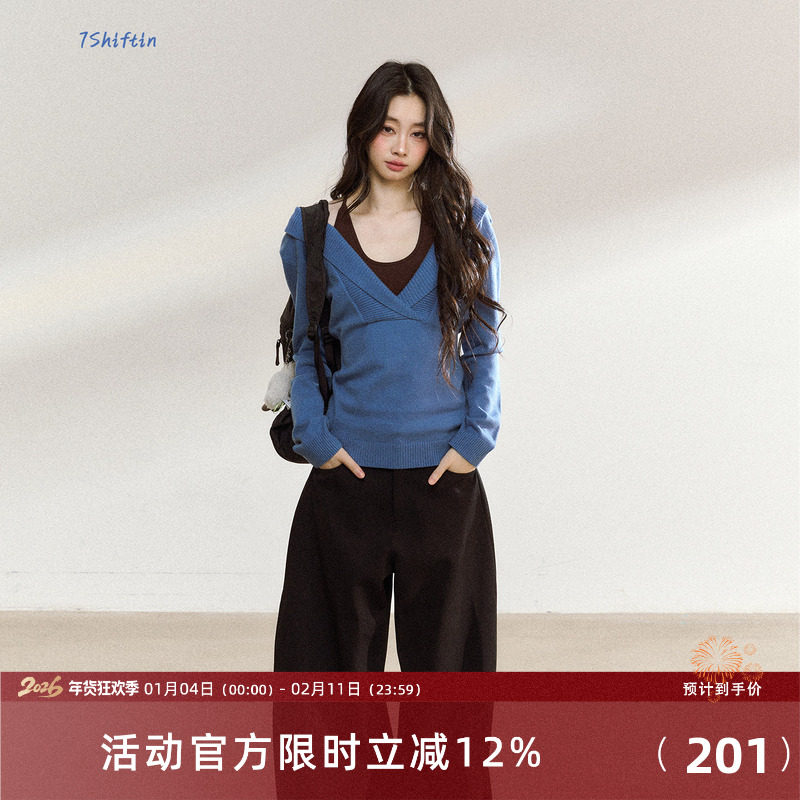 7Shiftin 原创新款设计感美式辣妹蓝色毛衣小众针织打底衫上衣女,女装/女士精品,毛针织衫,淘宝优惠券,粉丝福利购,淘宝优惠卷