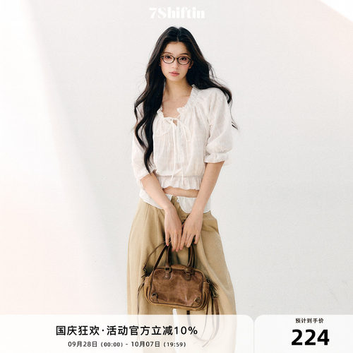 7Shiftin原创设计纯欲风轻薄雪纺衫波浪褶皱显瘦上衣纯棉休闲短袖
