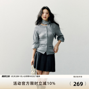 7Shiftin 灰色单排扣修身 显瘦收腰围巾领针织开衫 上衣 原创春新款