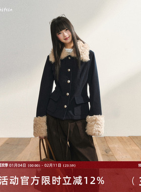 7Shiftin 原创设计保暖藏蓝色拼毛外套秋冬新款修身收腰毛绒棉衣