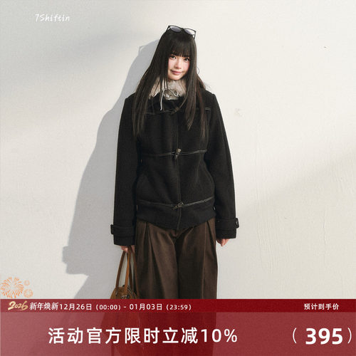 7Shiftin 原创设计黑色牛角扣外套秋冬新款百搭修身保暖毛呢大衣