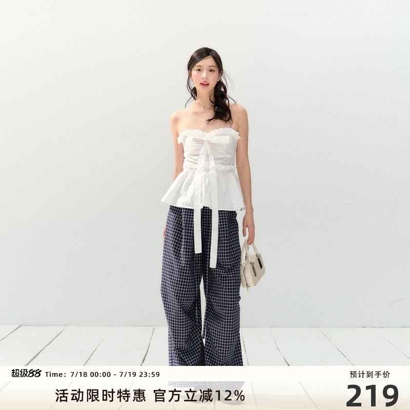 7Shiftin原创设计春夏新款慵懒休闲蓝色直筒格纹裤宽松垂感阔腿裤