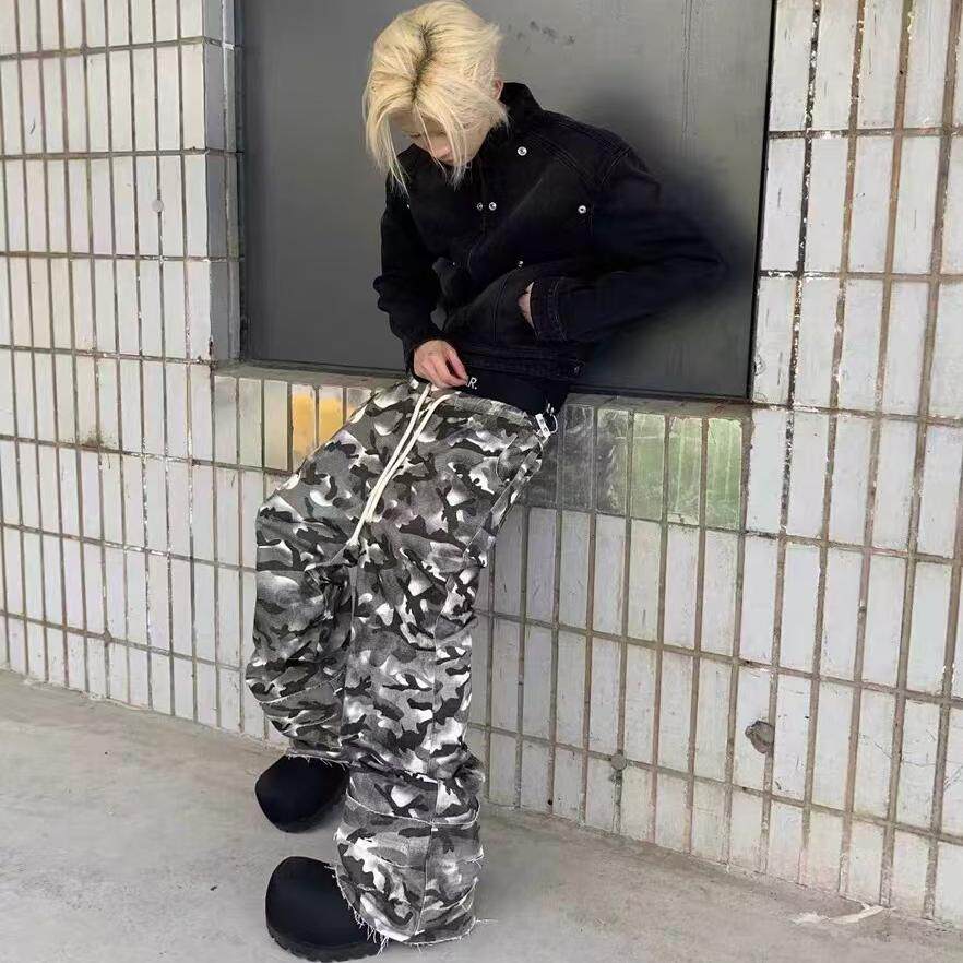 韩国迷彩脏染双腰头手工破裤