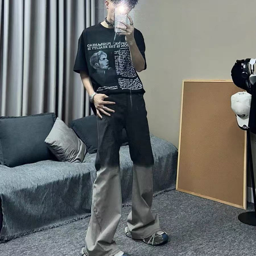 高街复古黑灰渐变色飘带牛仔裤男美式小众设计学生微喇叭直筒裤子