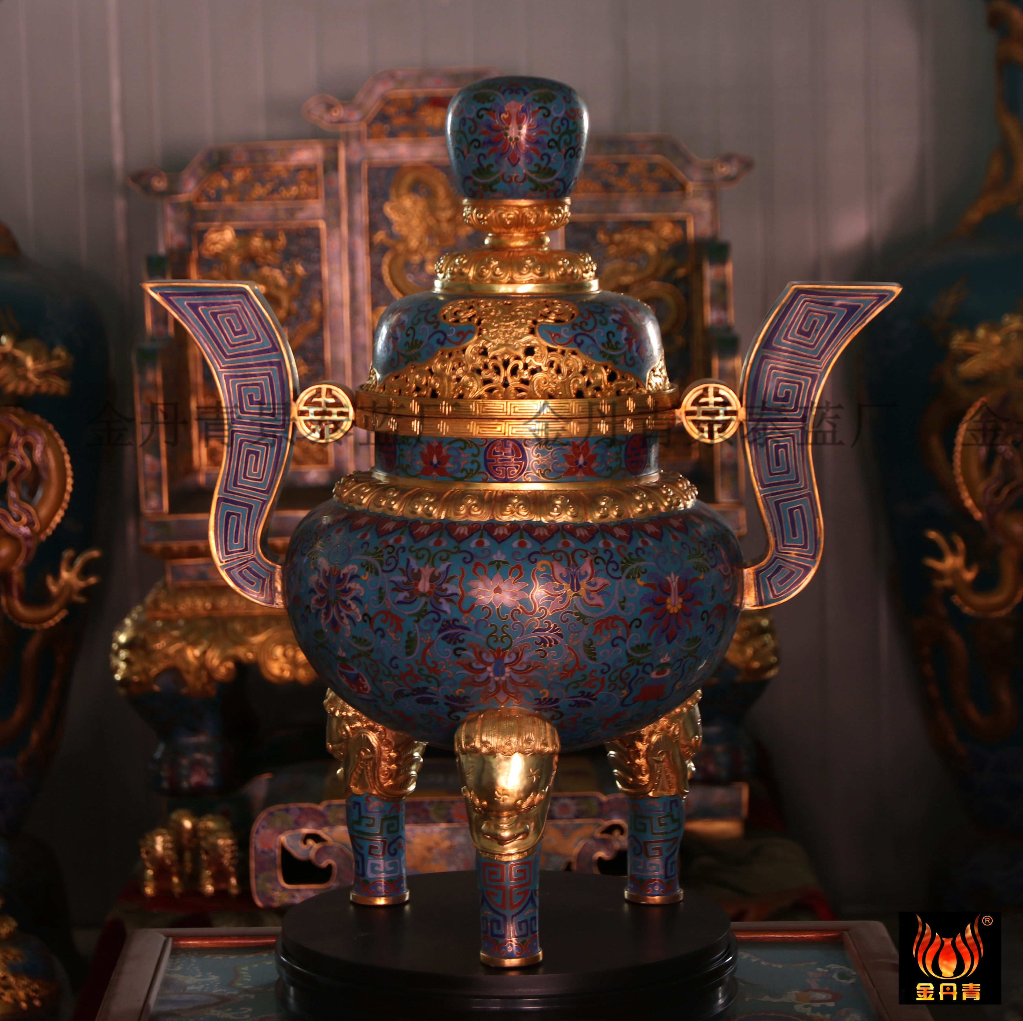 《金丹青》纯紫铜胎景泰蓝掐丝珐琅双耳香熏炉仿清代艺术品摆件