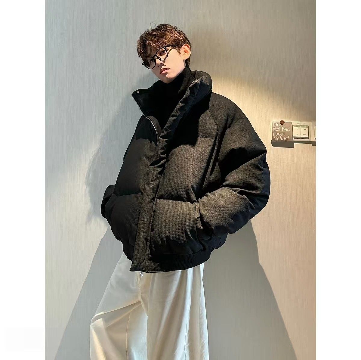 冬季帆布皮立体纹理外套潮流棉衣男青少年宽松加厚冬季厚款棉服酷