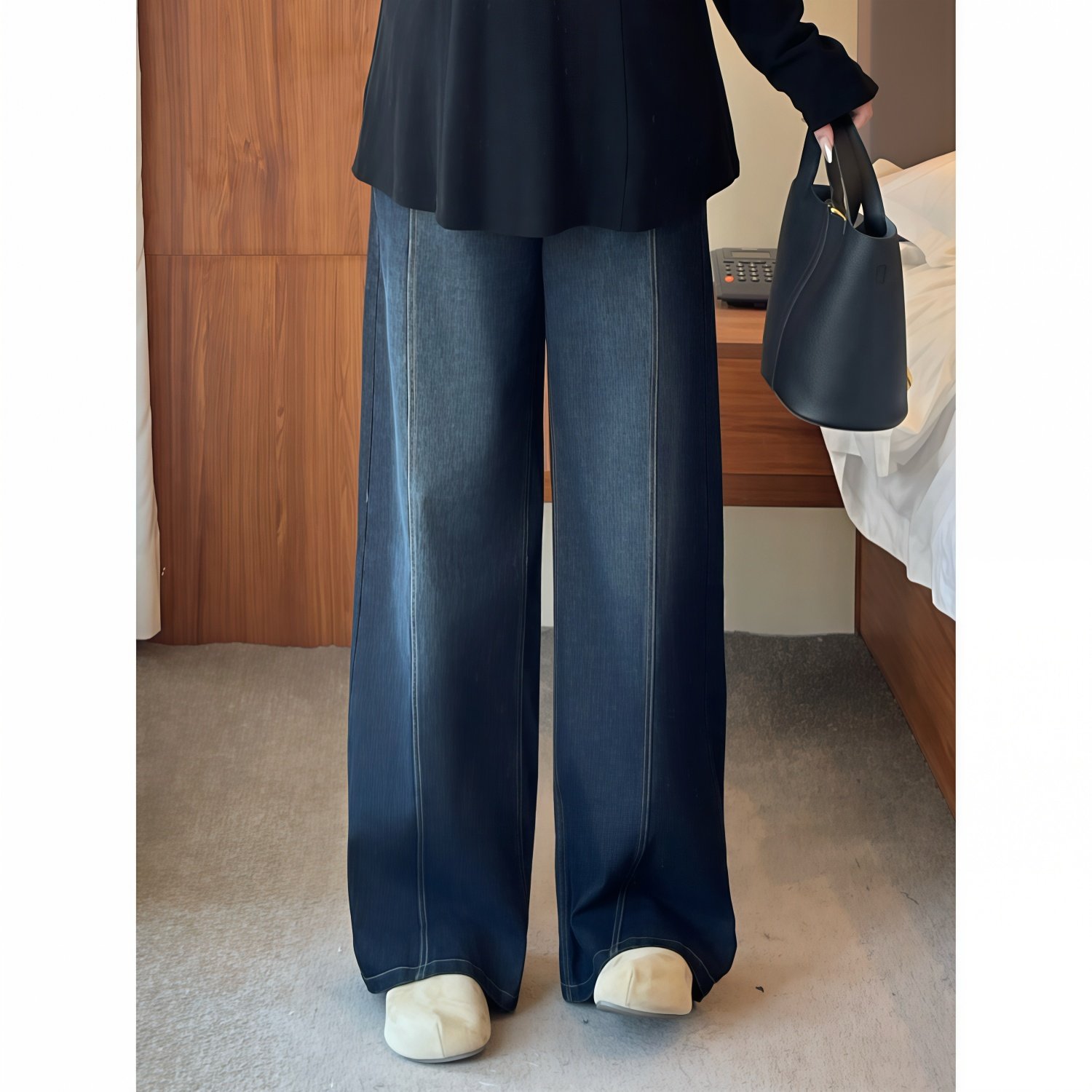 梵朵大码女装15762秋冬新款复古设计加绒牛仔裤高腰阔腿拖地裤