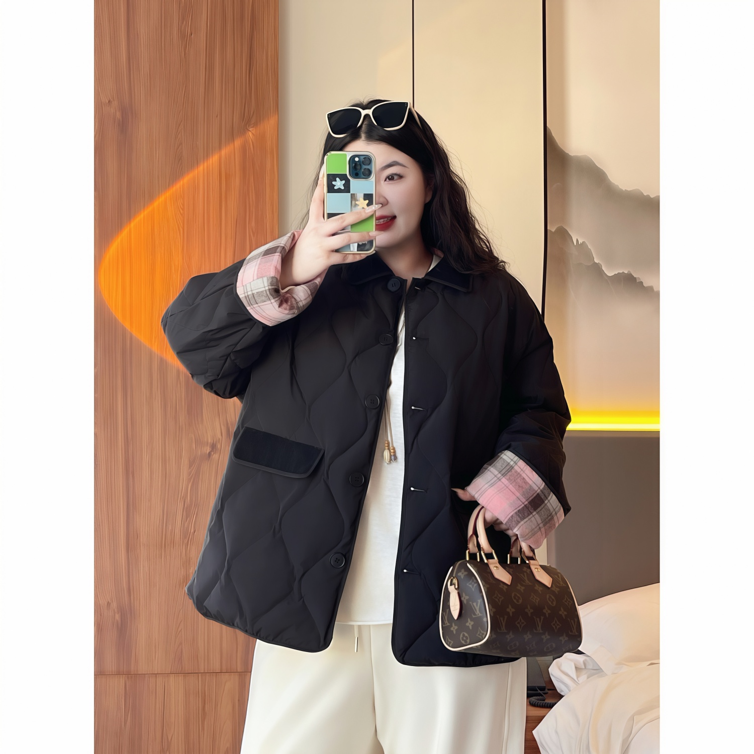 梵朵大码女装11866秋冬新款时尚小个子拼接格纹休闲加厚羽绒外套