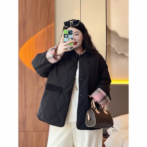 梵朵大码女装11866秋冬新款时尚小个子拼接格纹休闲加厚羽绒外套