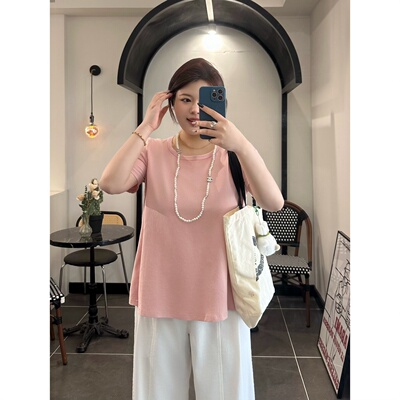 梵朵大码女装夏季时尚百搭休闲方领短袖减龄个性T恤上衣17330S