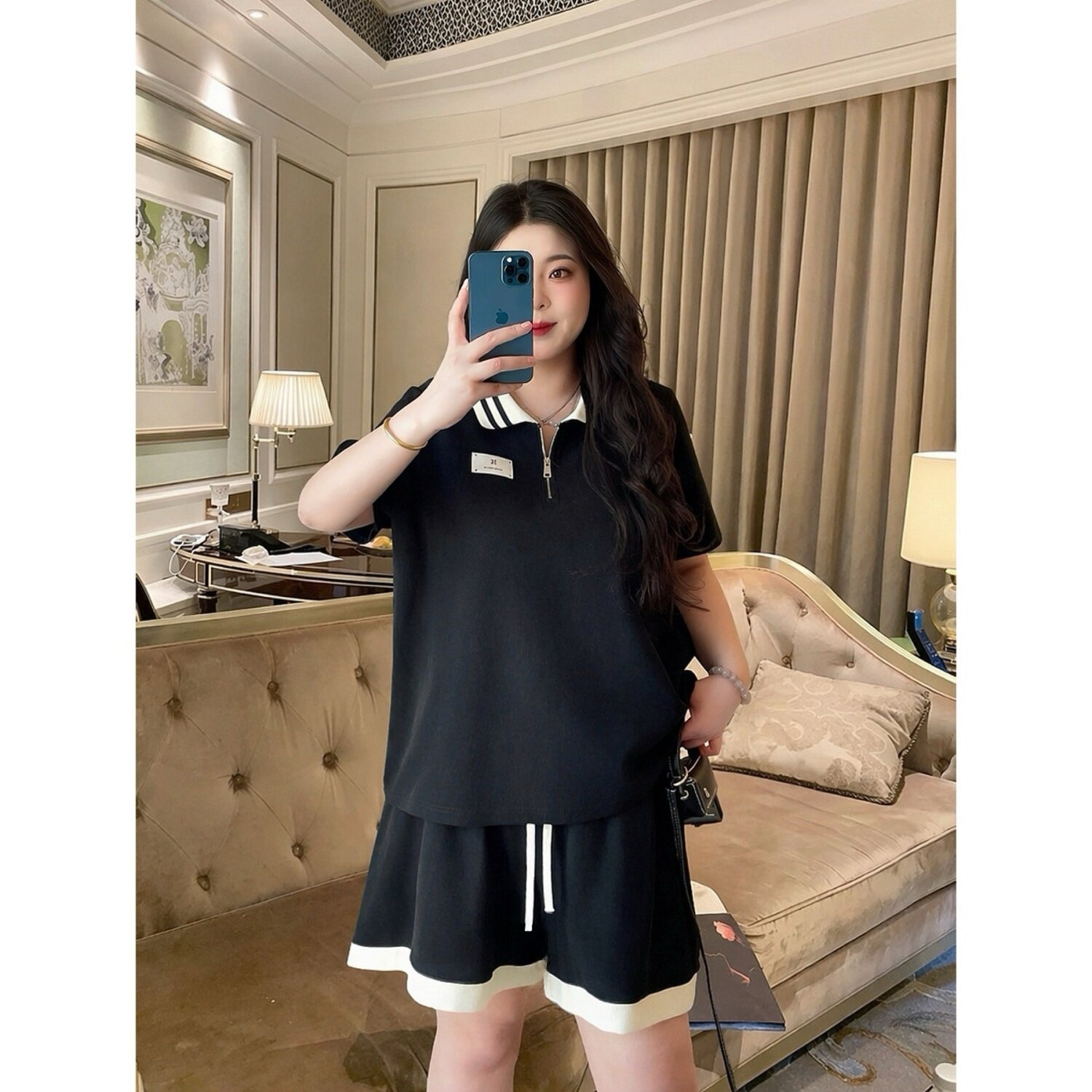 梵朵大码女装夏季慵懒风通勤短袖短裤套装显瘦梨型身材17210Y