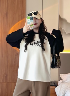 梵朵大码女装16088秋冬新款拼色插肩长袖T恤加厚圆领小众打底衫潮