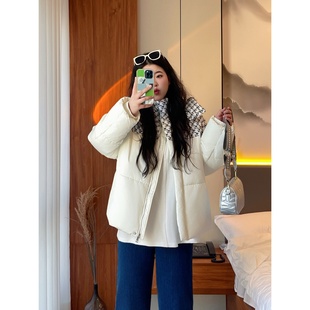 韩版 13376冬季 拼接棉服宽松休闲通勤减龄棉衣外套潮 女装 梵朵大码