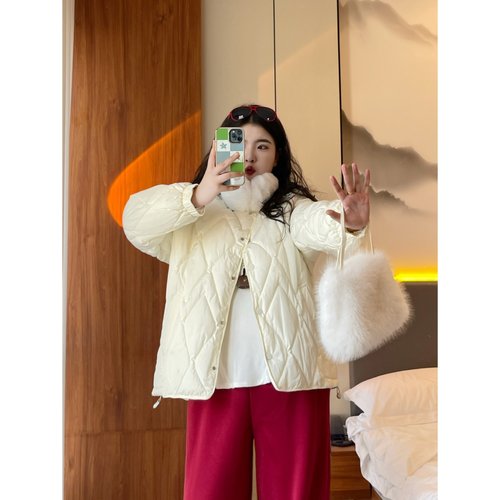 梵朵大码女装14138冬季韩系宽松菱格纹棉服百搭通勤棉衣设计外套