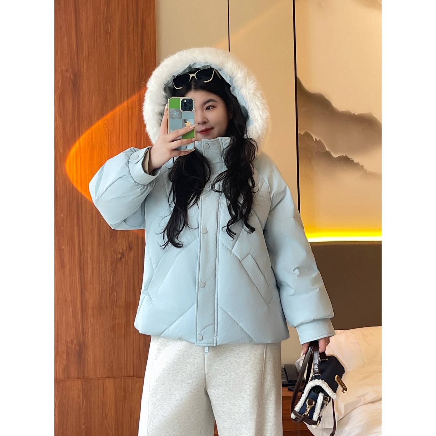 梵朵大码女装13644冬季韩系大毛领加厚棉服保暖棉衣高级感外套潮