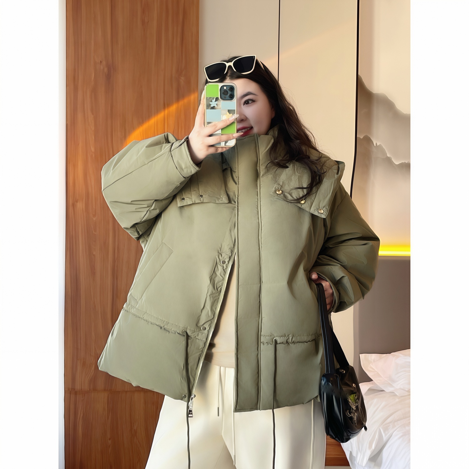 梵朵大码女装14084冬季新款连帽夹棉服韩系设计感显瘦加厚外套