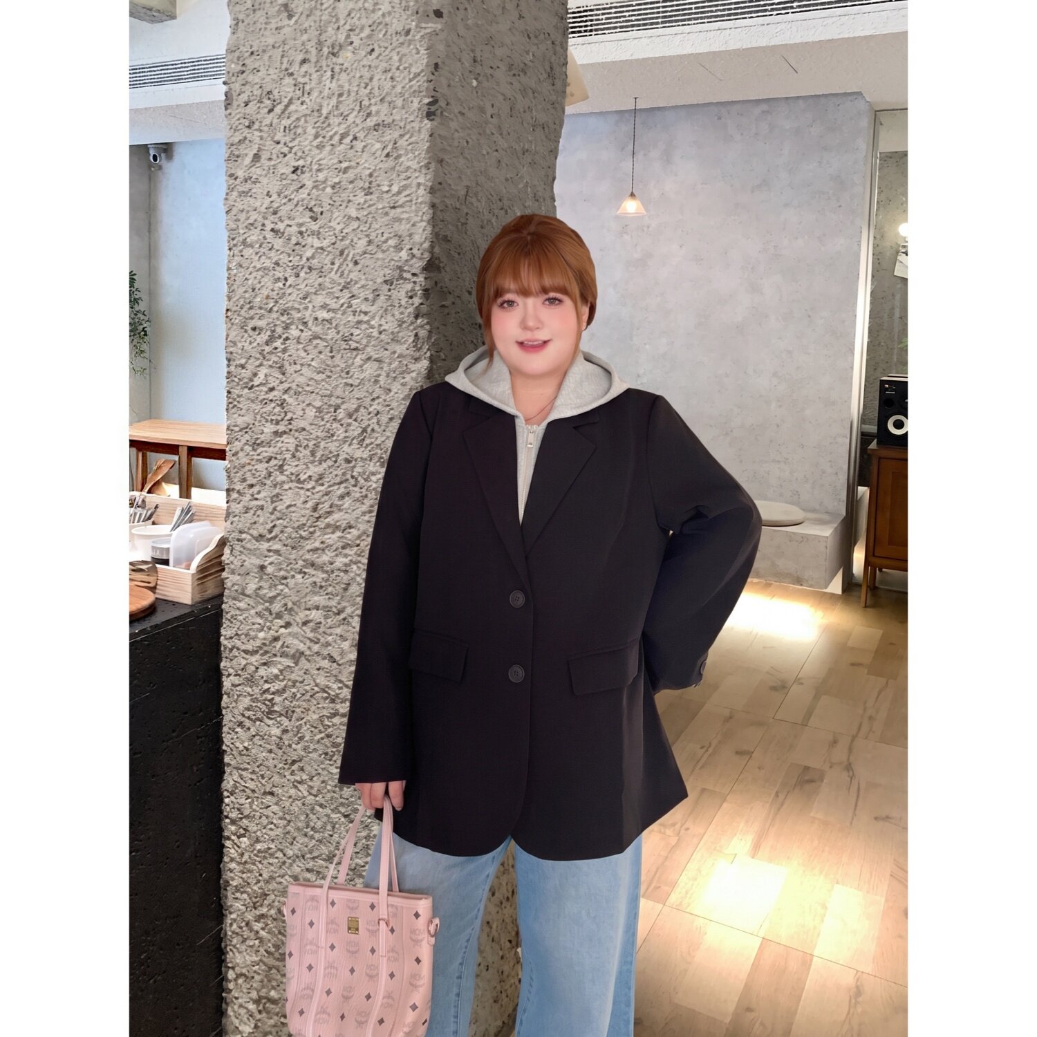 梵朵大码女装秋季慵懒风新款宽松连帽拼接假两件西装外套30084Z图片
