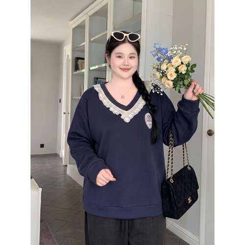 梵朵大码女装秋季高级感潮流蕾丝拼接卫衣长袖个性上衣19260R