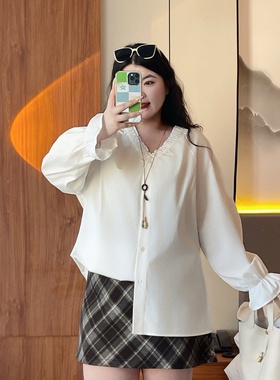梵朵大码女装16224秋冬胖MM设计感v领长袖衬衣慵懒风宽松显瘦衬衫