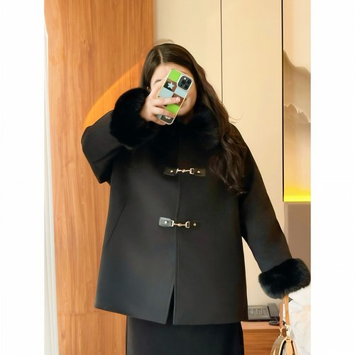 梵朵大码女装16076冬季新中式毛毛袖外套内里羽绒气质宽松上衣