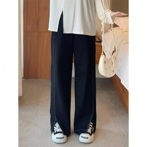 秋冬加绒直筒牛仔裤深蓝色复古