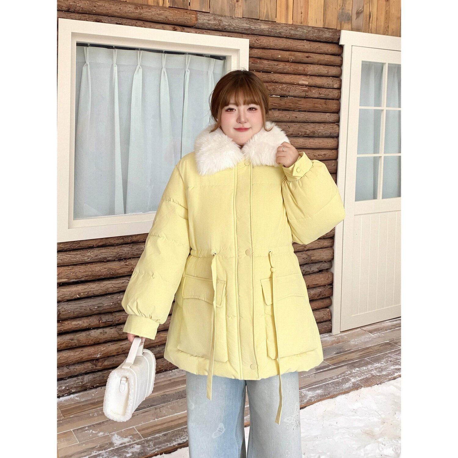 梵朵大码女装冬季小个子显瘦百搭外套收腰连帽毛领棉服潮15712Z